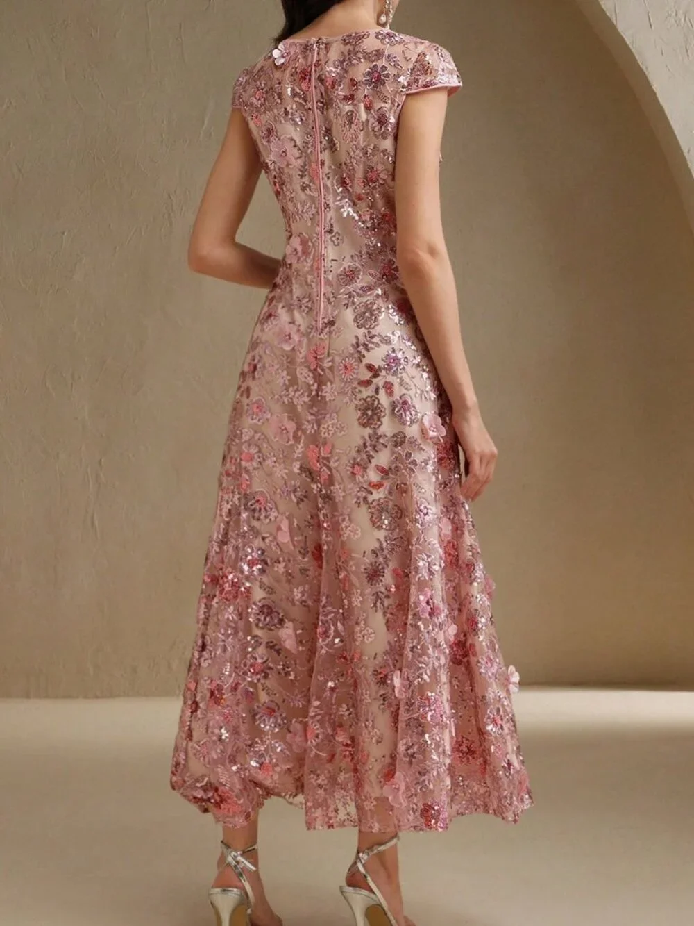 Champagne Elegant Women's Floral Mesh Sequin Short Sleeve Dress